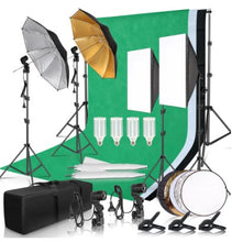Load image into Gallery viewer, Photography Photo Studio Softbox Lighting Kit With 2.6x3M Background Frame 3pcs Backdrops Tripod Stand Reflector Board 4Umbrella