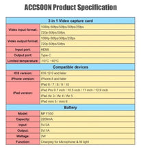 Load image into Gallery viewer, IPhone iPad As Camera Monitor HDMI IOS Stream Record Video Capture Card Camcorder